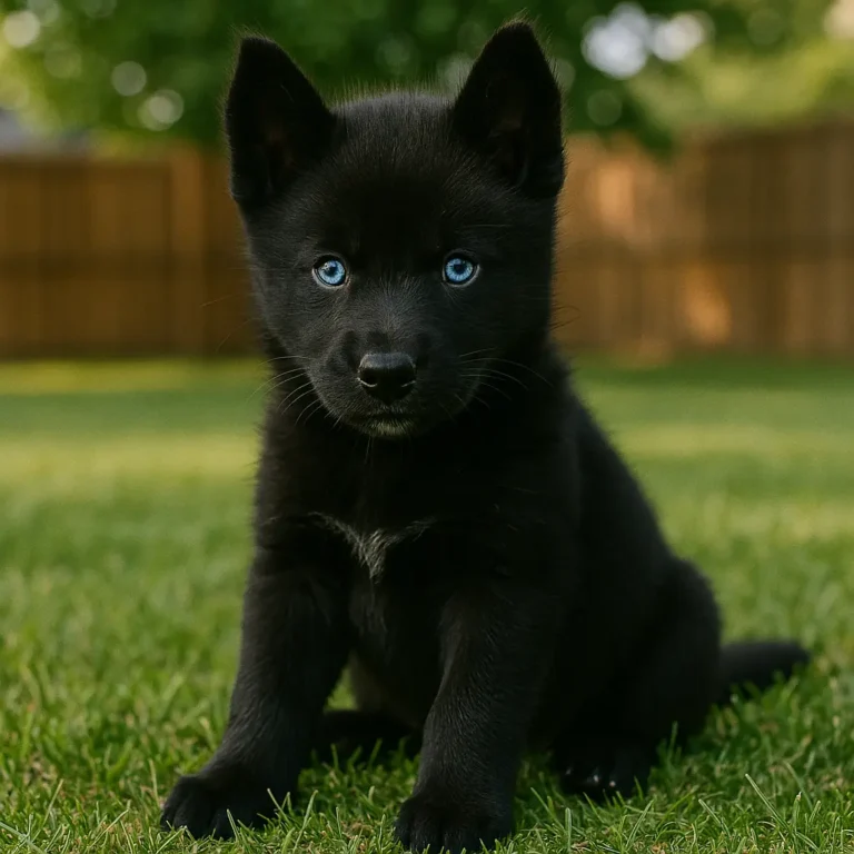 black siberian husky pppy sitting in garden