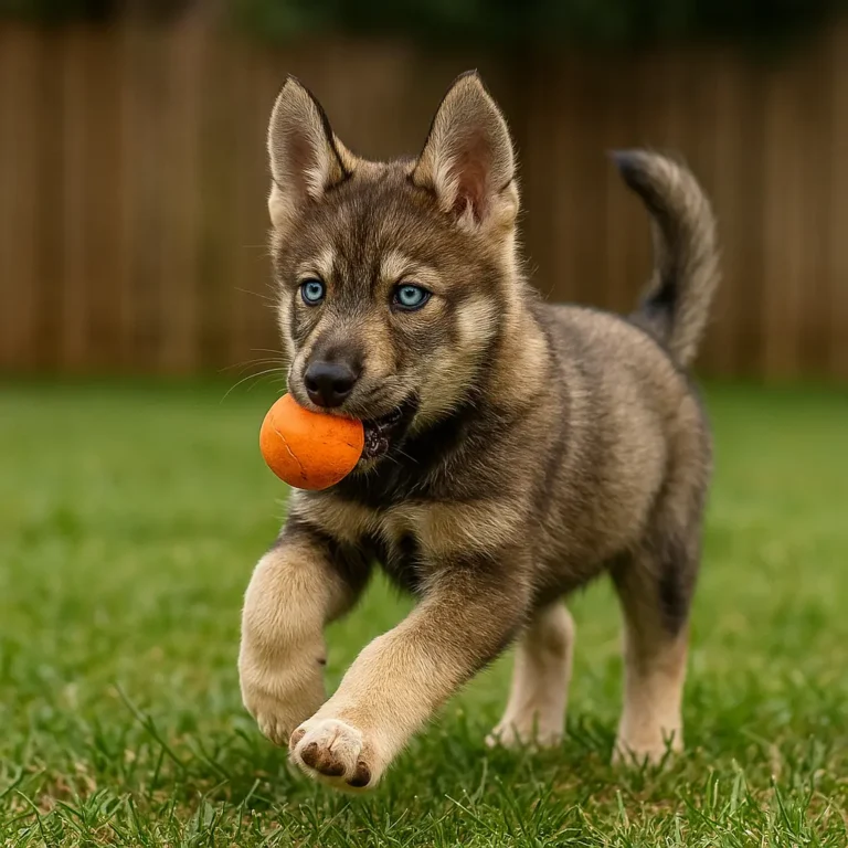 agouti siberian husky playing with ball in garden