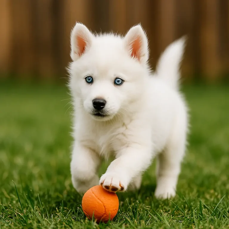 white siberian husky puppy playing with ball in garden