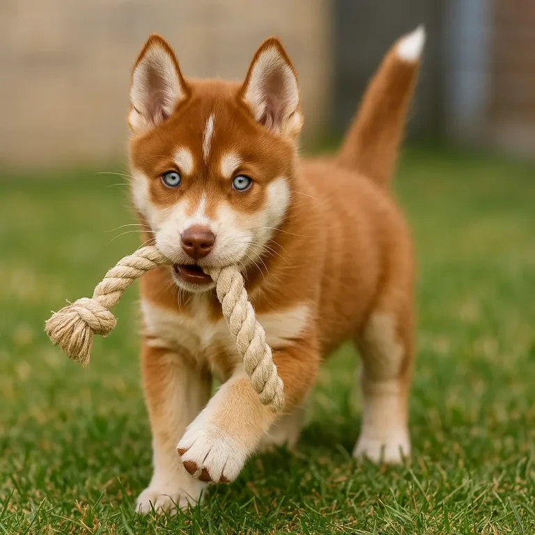 red siberian husky puppy playing with rope in garden
