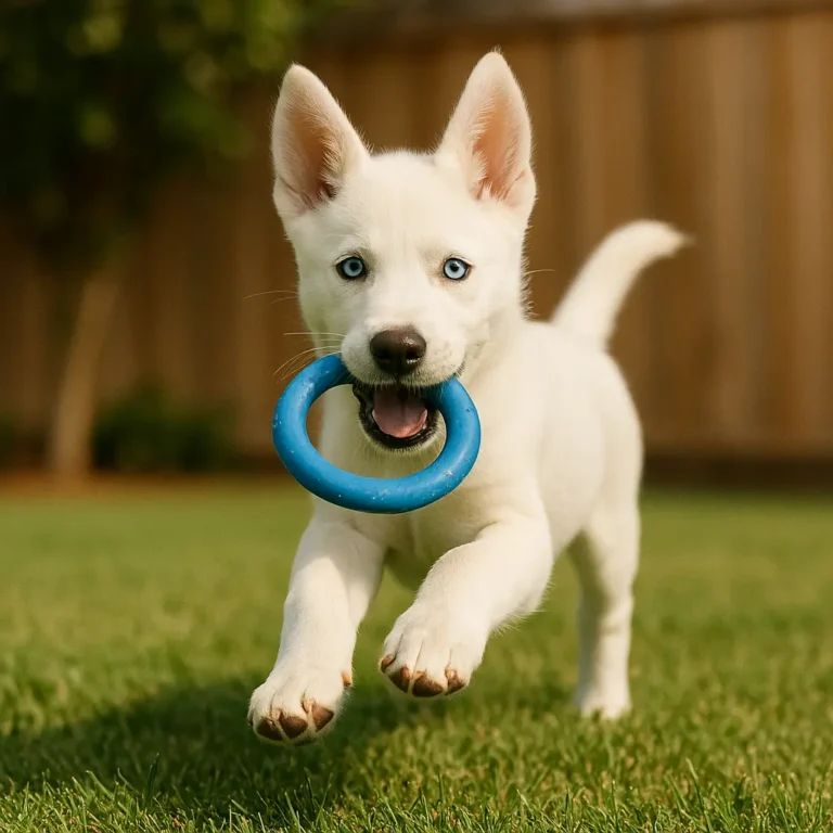 white husky lab mix puppy playing in garden