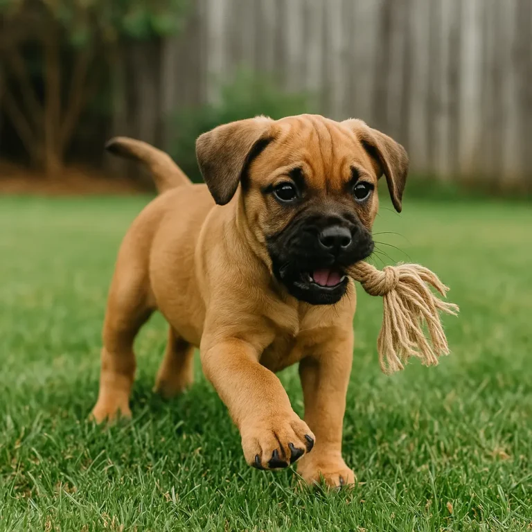 presa canario puppy playing with rope