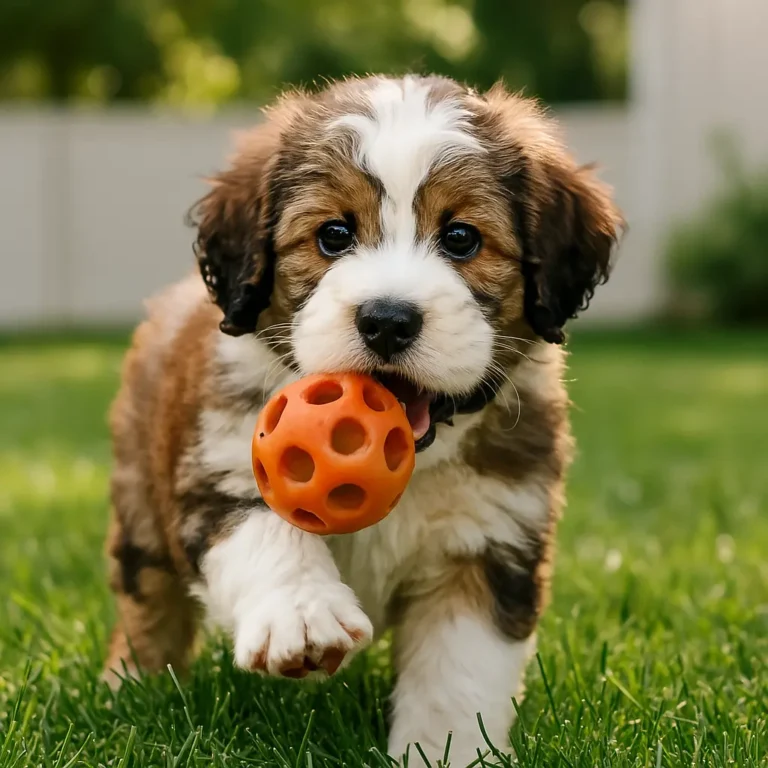 mini saint berdoodle playing with ball in garden