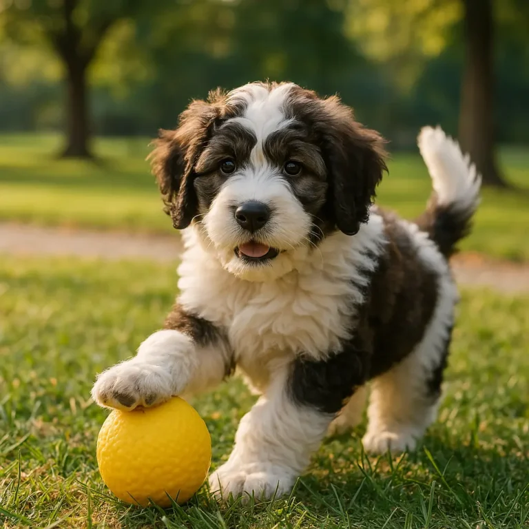 saint berdoodle puppy playing with ball in garden